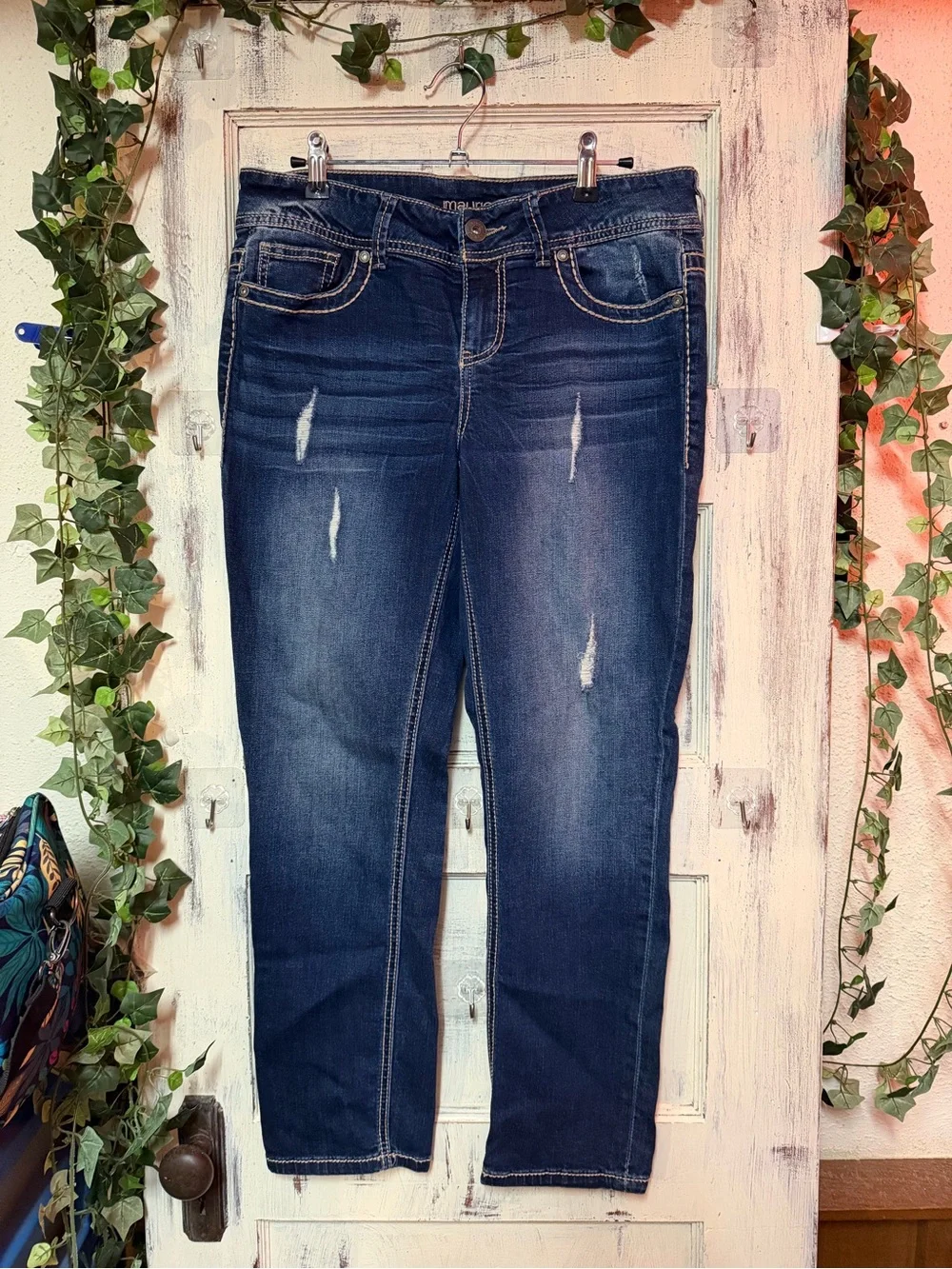 Maurices Dark Wash Straight Leg Jeans with Distressed Accents